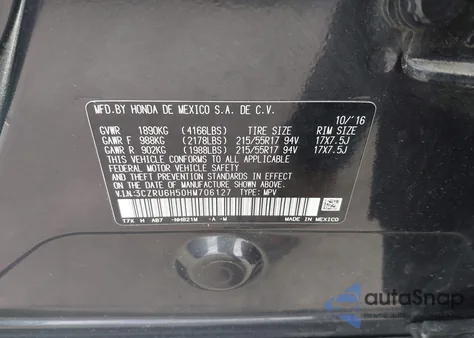 2017 Honda Hr-V Ex from USA, damaged, VIN 3CZRU6H50HM706127